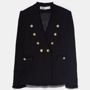 Zara Tweed Collarless Blazer- Black with Gold Buttons XXL